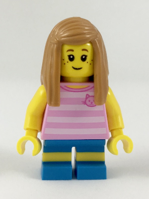 LEGO Minifigure-Hiker, Girl Child, Pink Kitty Shirt, Medium Dark Flesh Long Straight Hair with Side Part-Town / City / Recreation-cty907-Creative Brick Builders